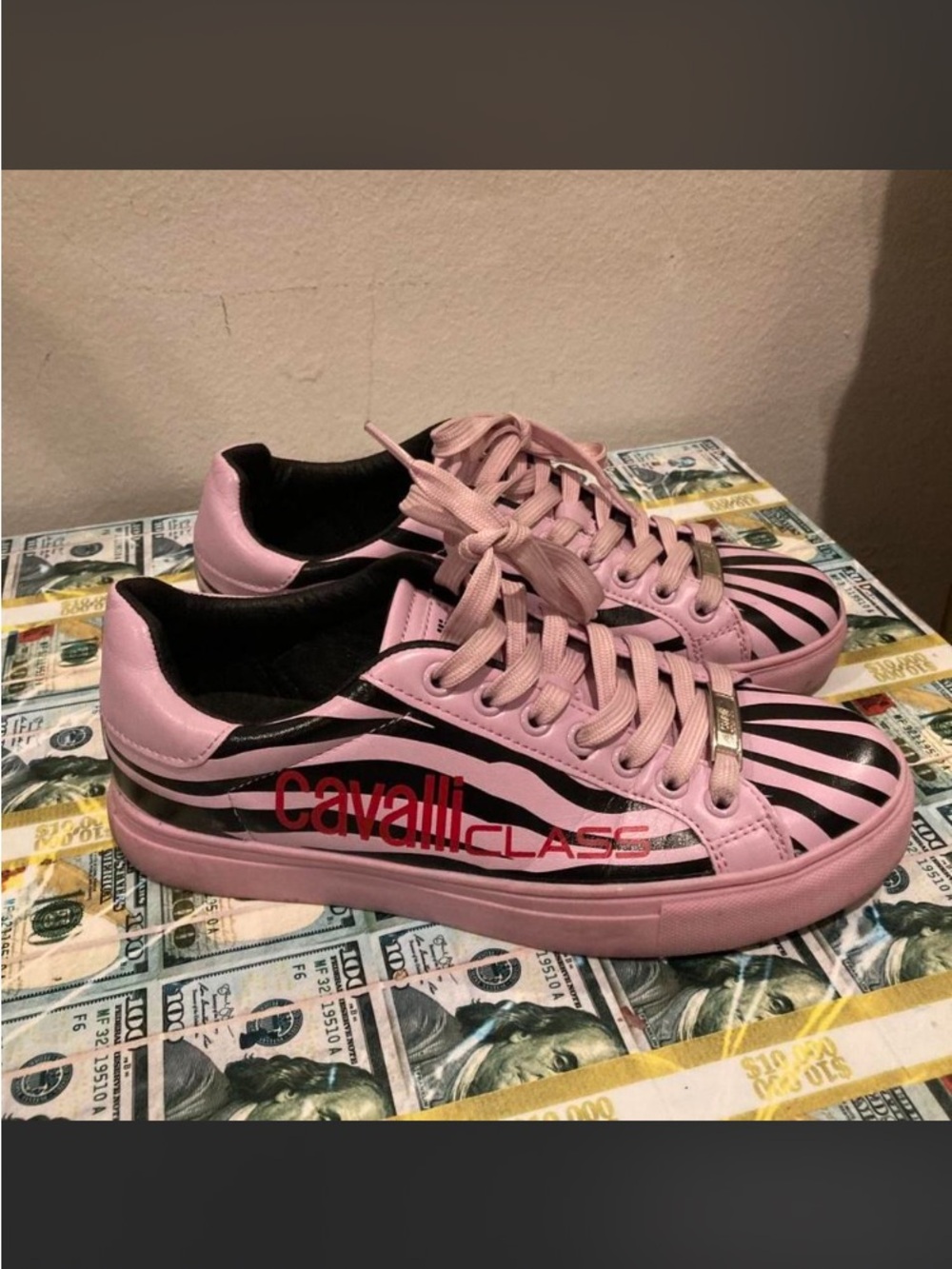 Roberto Cavalli Pink and Black Zebra-Print Low-Top Sneakers